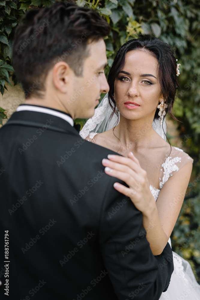 Beautiful happy young bride kissing handsome groom in sunlit par