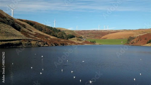 Birds On Naden Lower Reservoir & Wind Turbines; Naden Lower Reservoir; Wolstenholme, Lancashire