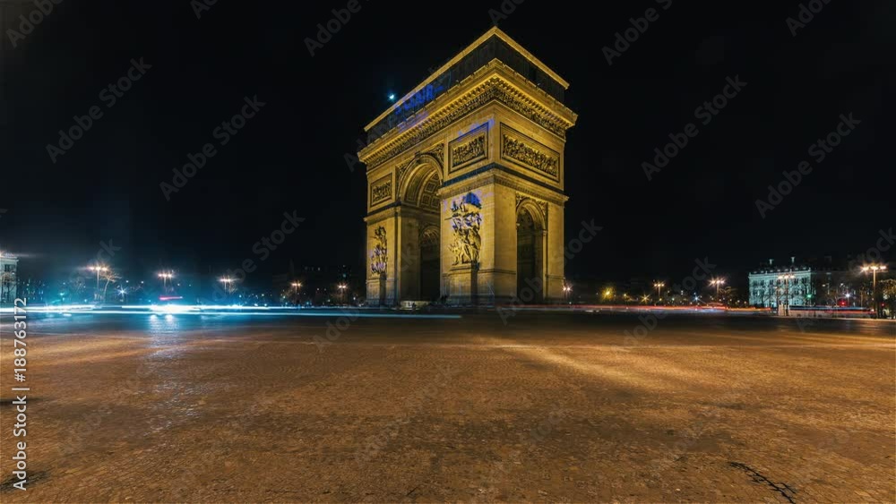 The Arc de Triomphe in Paris, France at Night.
4K timelapse clip shot from the Champs-Elysées.