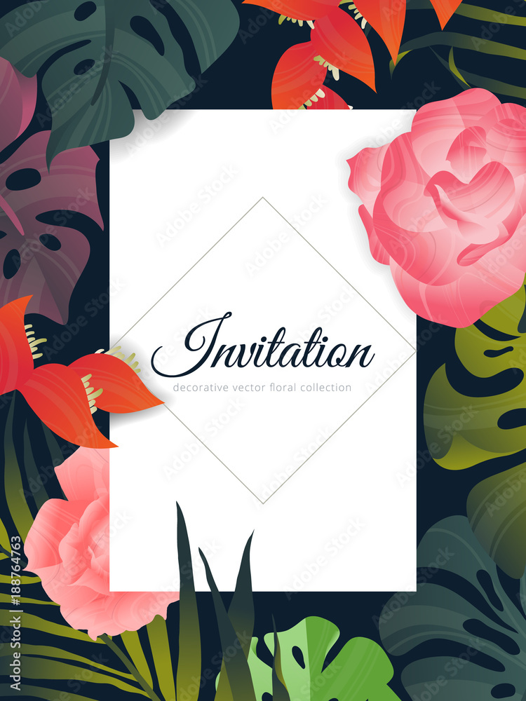 Obraz premium Hand drawn Tropical plant, rose, Heliconia, palm leaf and split leaf Philodendron , invitation card design
