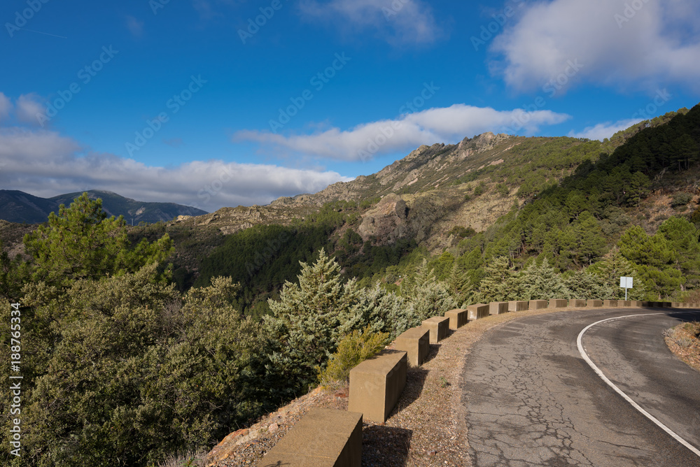 Road in mountain landscape in Las Batuecas natural park in Salamanca, Spain.