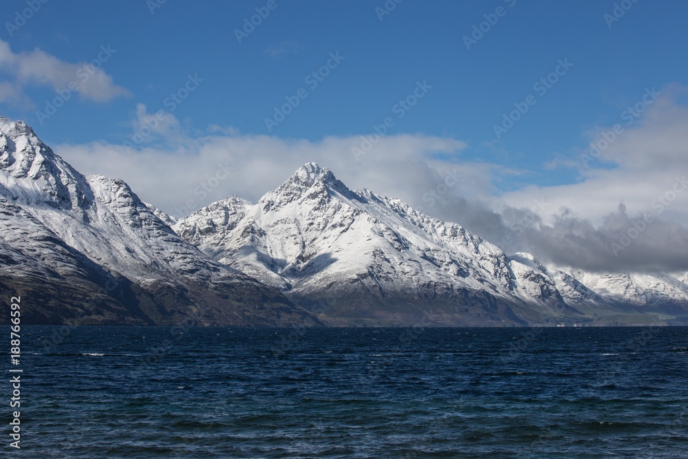 Queenstown New Zealand in winter with Snowy Mountain tops