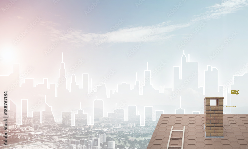 Concept of real estate and construction with drawn silhouette on big city background