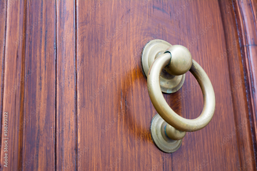 Close Up of Golden Clapper On a Wooden Door Close Up of Golden Clapper On a Wooden Door