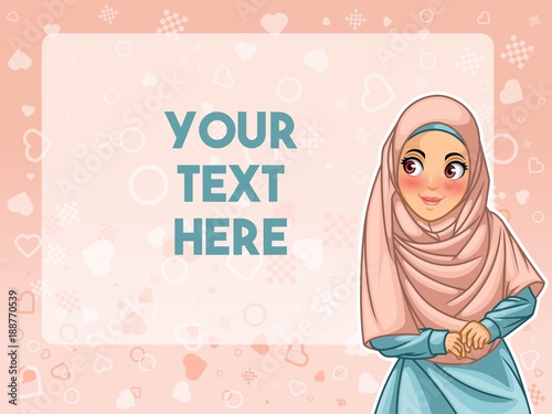 Muslim woman wearing hijab veil face looking an advertising, against pink background, vector illustration.