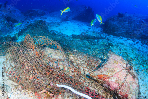 Tropical fish swim around an abandoned fishing net on a coral reef