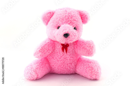 Pink teddy bear doll on white background