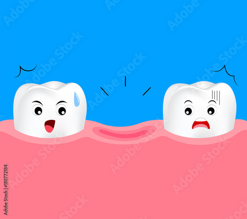 Dental cartoon of missing tooth. Cute cartoon dental care concept. Illustration isolated on blue background.