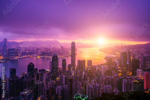Hong Kong City skyline at sunrise. Hongkong skyscraper view from The peak