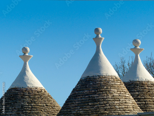 Horizontal View of Italian Traditional and Historic Buildings Called Trulli. Piana delle Murge, Locorotondo Countryside, South of Italy