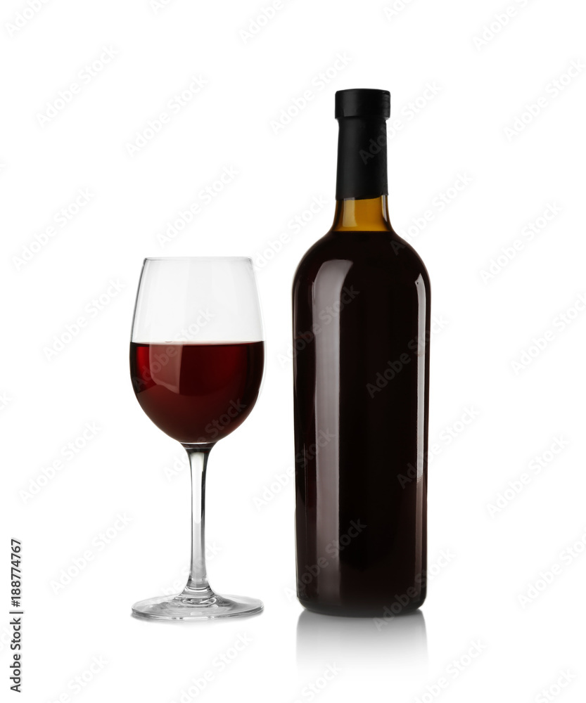 Bottle and glass with red wine on light background Bottle and glass with red wine on light background