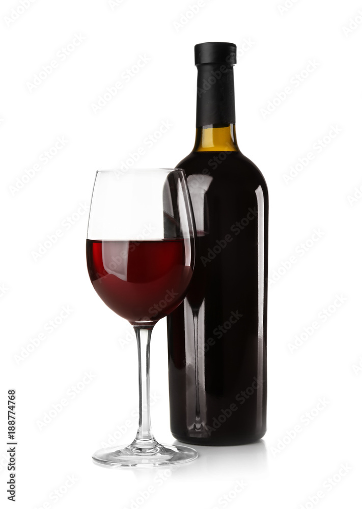 Bottle and glass with red wine on light background Bottle and glass with red wine on light background