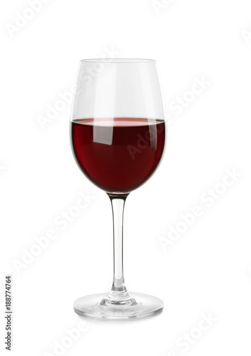 Glass with red wine on white background