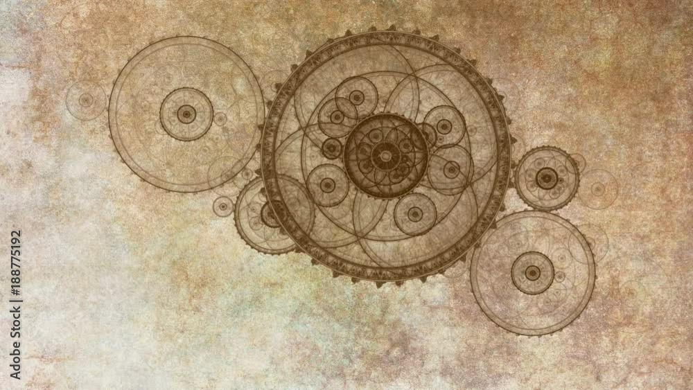 Old clock or ancient watch mechanism, animation of cogwheels and gears working together on grunge parchment, fantasy clockwork, abstract illustration, background with copy space, seamless loop