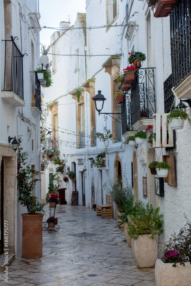 Fototapeta premium Vertical View of a Street in the City of Locorotondo, in the South of Italy