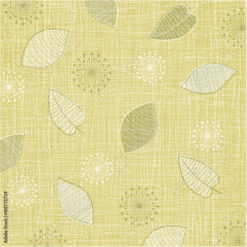 Lovely linen textured weave with vintage leaves in a soft color palette of green and gold. Retro style inspired by mid-century modern fabrics
