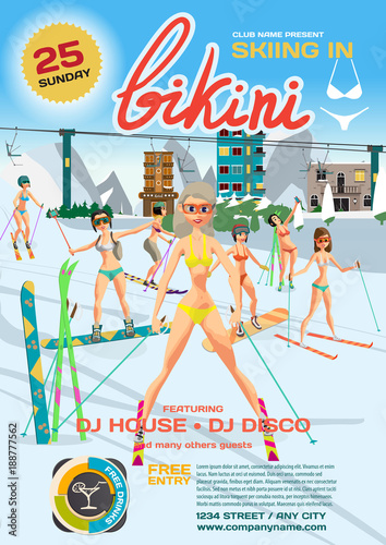 Vector spring sports party invitation. Women in a bikini ski and