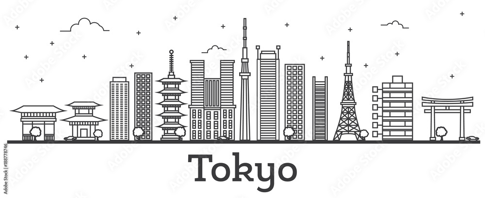 Naklejka premium Zarys Tokio Japonia City Skyline z nowoczesnymi budynkami na białym tle.