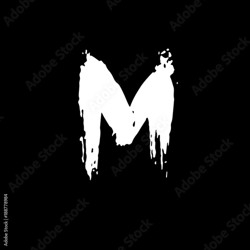 Letter M. Handwritten by dry brush. Rough strokes font. Vector illustration. Grunge style elegant alphabet.