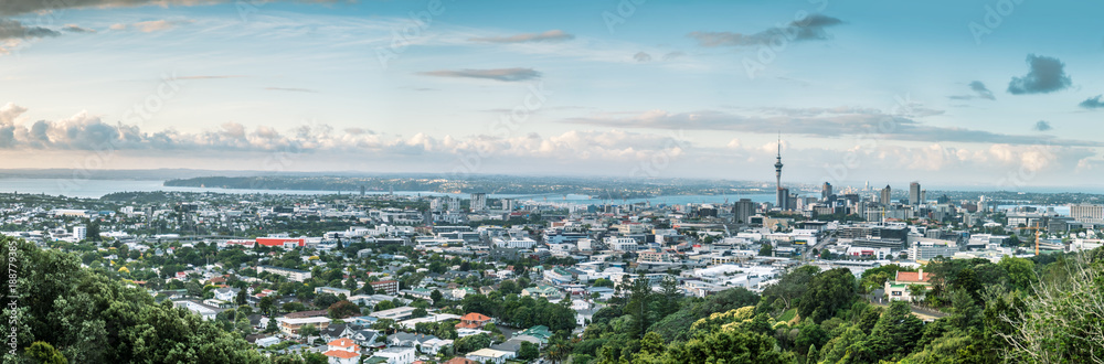 Panorama of Auckland City and Auckland Harbour from Mount Eden
