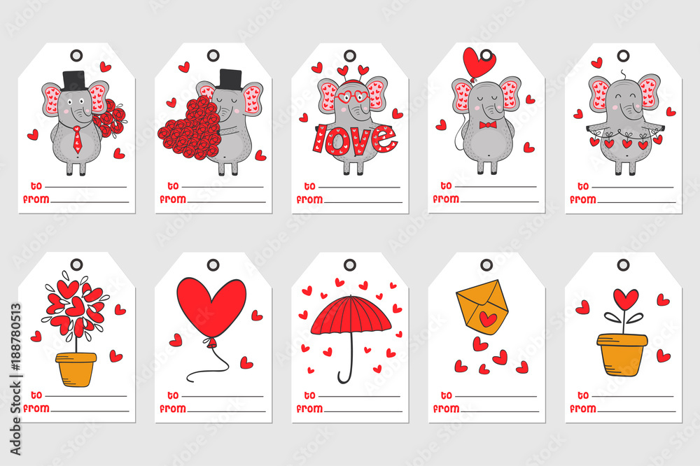 Fototapeta premium set of tags with elephant in love - vector illustration, eps 