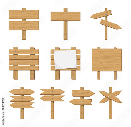 Set of wooden signboard and road sign.