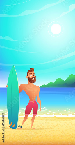 Surfer on tropical beach. Happy man standing sandy bay.