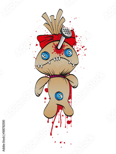 A sad rag doll with a bow on his head nailed to the wall. Blood Spots. Vector illustration.