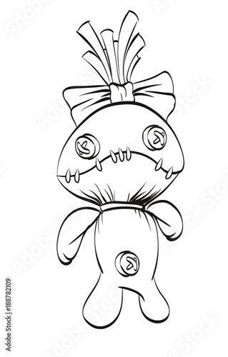 Sad rag doll with a bow on his head. Vector illustration.