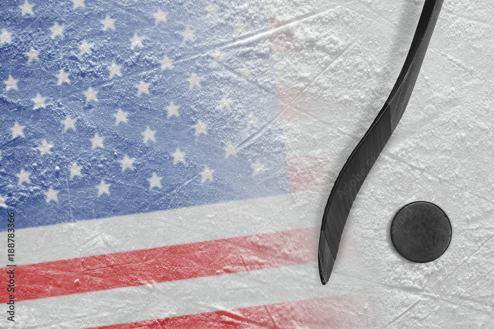 Fototapeta premium Image of American flag and hockey stick with puck