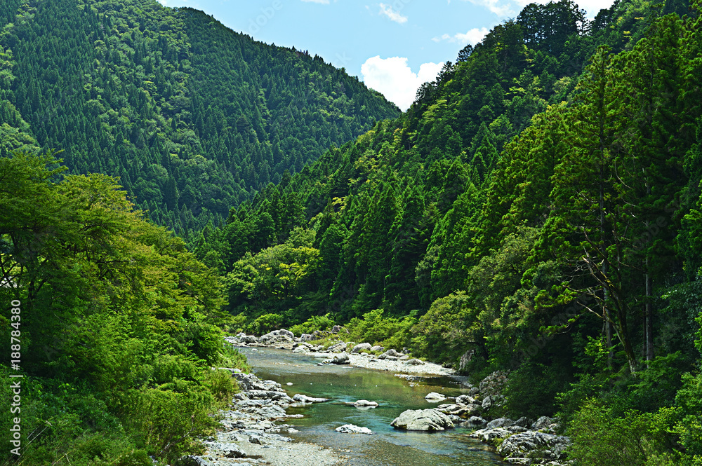 Summer in Japan, sky and mountains and clear water river