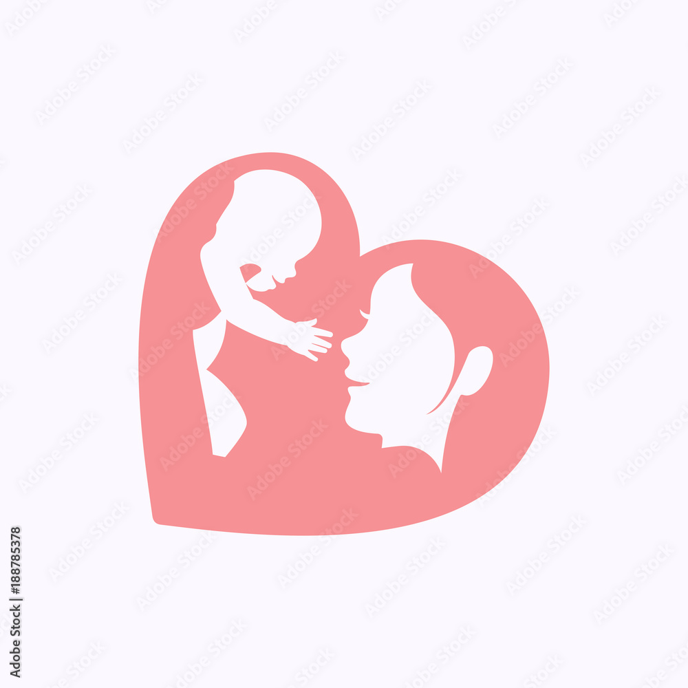 Smiling mother playing with a little baby by raising him up in the air, in heart shaped silhouette, logo, icon design for happy mother's day celebration