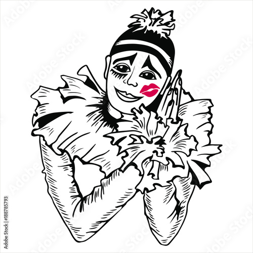 Hand drawn pierrot with kiss on the cheek. Isolated on white background. Vector