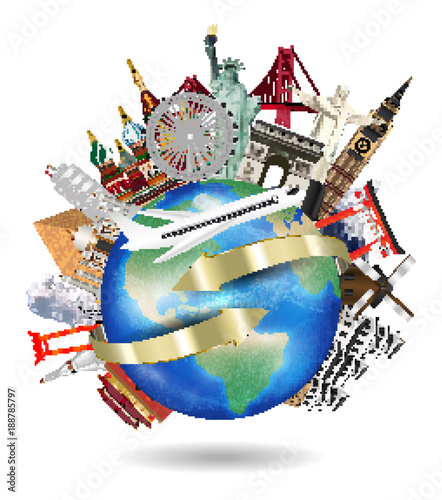 airplane flying around the world with landmark