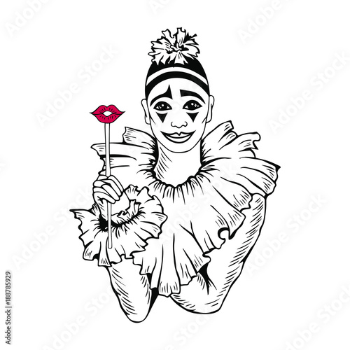 Kiss you. Hand drawn Pierrot. Isolated on the white background. Vector. It can be used for invitations, flyers, world kissing day, Valentine's day, mother's day, father's day, "love you" card, "thank 