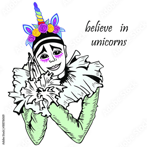 Cute Pierrot with unicorn tiara. Vector. Isolated on white background. Design element. Can be used for Invitations, birthday, unicorn party, lgbt community, world kissing day, Valentine's day.