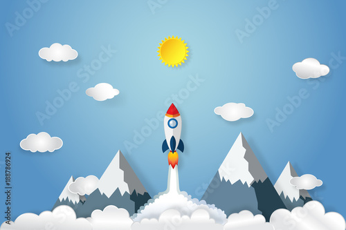 Rocket launch flying, sun, clouds and stars in the morning as paper art and craft style concept. vector illustrator.