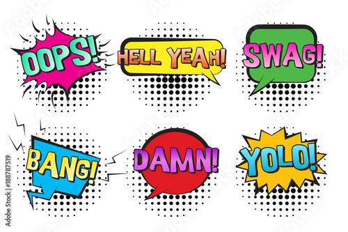 Bright contrast retro comic speech bubbles set with colorful gradiented SWAG, YOLO, BANG, DAMN text. Black outline balloons with halftone shadow in pop art style for advertisement, comics book design
