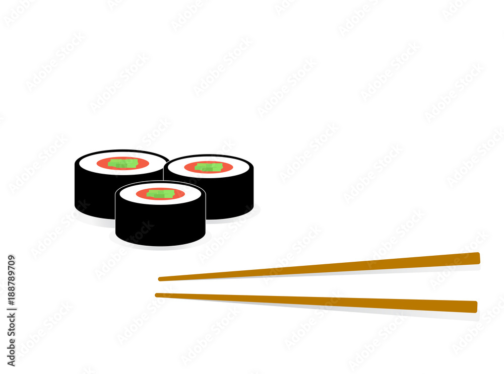 Sushi and roll with chopsticks on white background, color logo template. Monochrome Japanese cuisine Sushi and roll with chopsticks on white background, color logo template. Monochrome Japanese cuisine