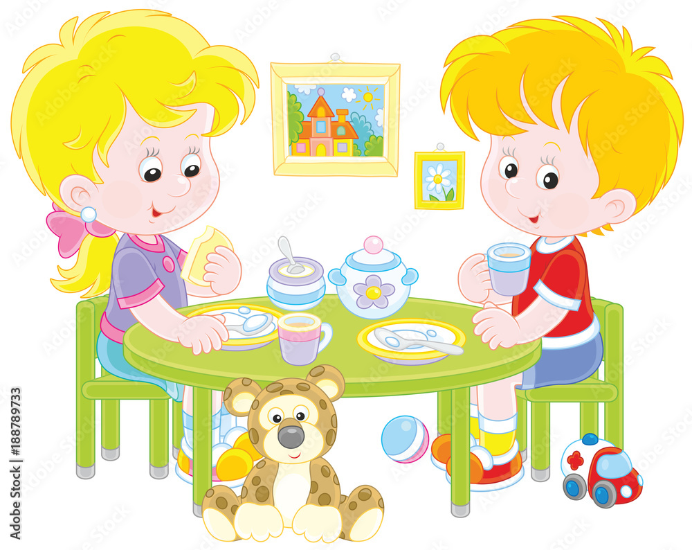 Little children at breakfast in their nursery, a vector illustration in funny cartoon style Little children at breakfast in their nursery, a vector illustration in funny cartoon style
