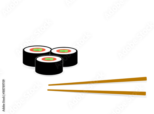 Sushi and roll with chopsticks on white background, color logo template. Monochrome Japanese cuisine