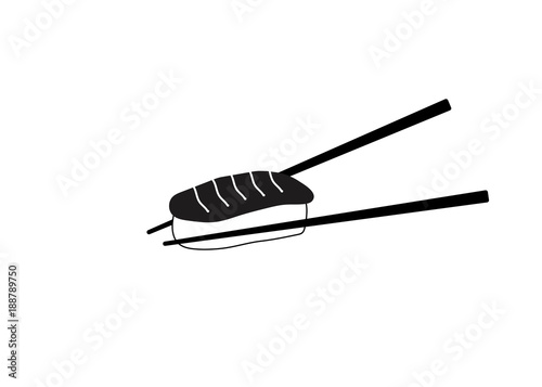 Sushi and roll with chopsticks on white background, black logo template. Monochrome Japanese cuisine