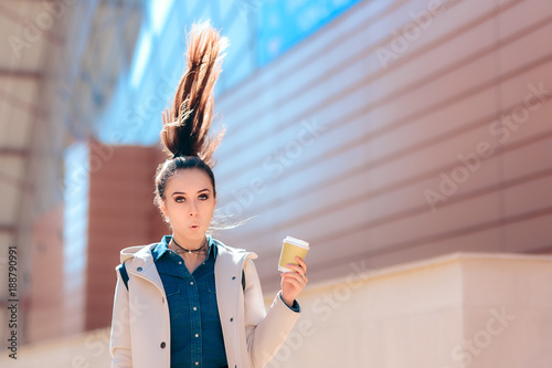 Bild auf Leinwand Funny Girl with Hot Drink Coffee Cup For Extra Morning Energy