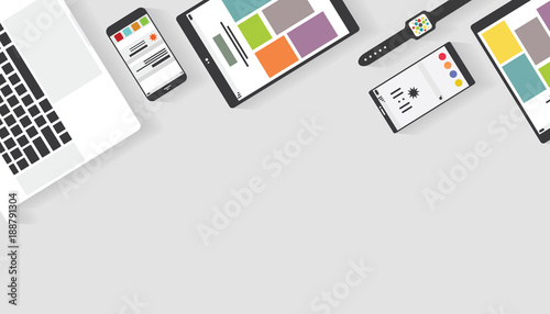 Top view of table working and working desk with gadget and free space for text with accessory on the table, notebook, phone, laptop, tablet