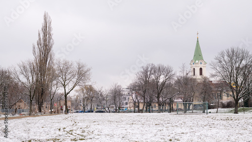 Jedlesee Aupark and church on a cold winter morning © Stefan