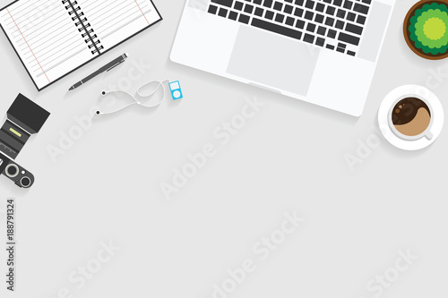 Top view of table working and working desk with gadget and free space for text with accessory on the table, notebook, phone, camera, flowerpot, laptop, tablet