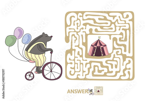 Children's maze with bear on a bike and circus tent. Cute puzzle game for kids, vector labyrinth illustration.