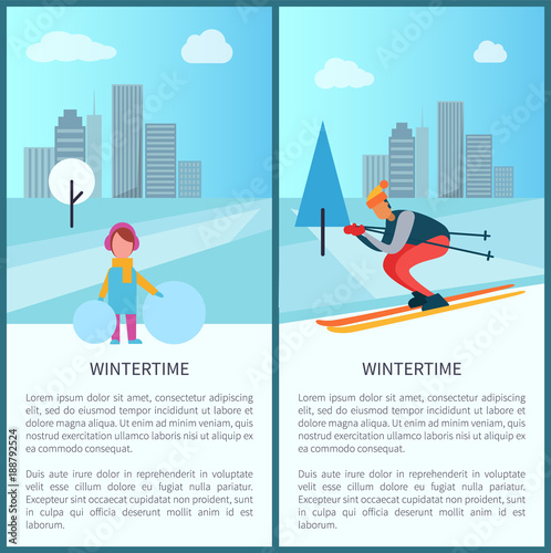Wintertime Girl and Skier Vector Illustration