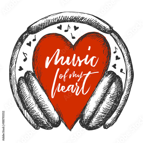 Plakat Wektorowa ręka rysująca ilustracja z sercem i hełmofonami. Muzyka mojego serca