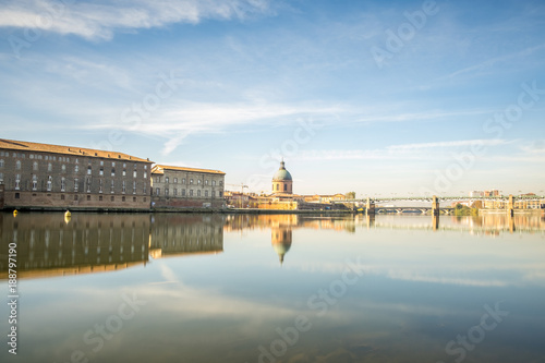 Hospital de La Grave reflected in Garone river. Toulouse, France